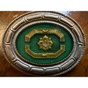 Vintage Green  Enamel Brooch Silver Gold Tone Rhinestone Oval Pin